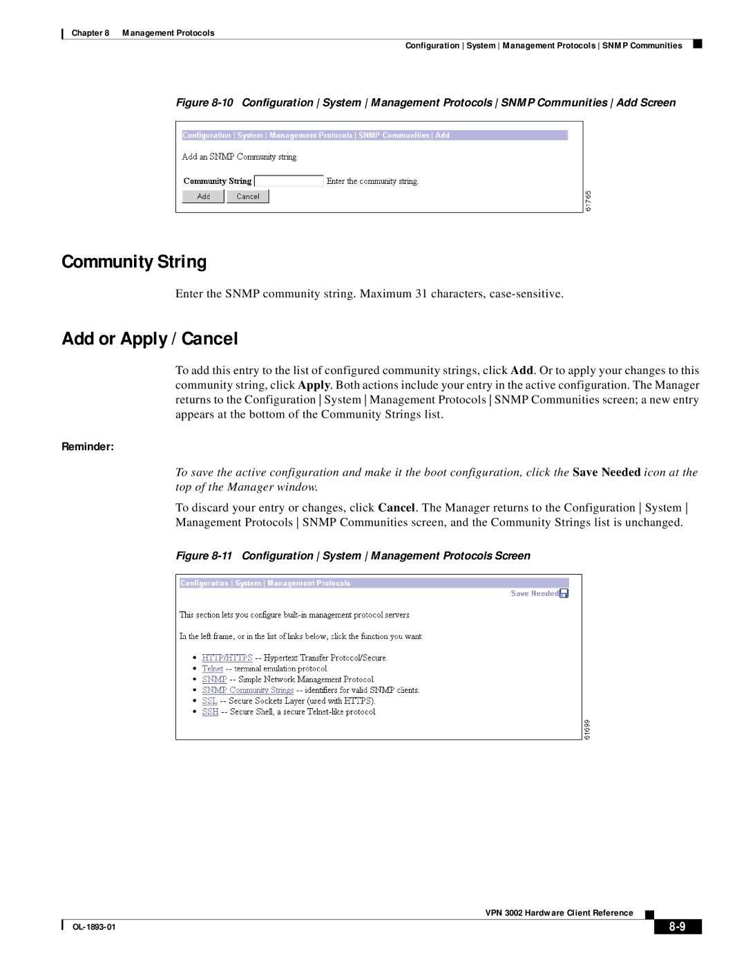 Cisco Systems VPN 3002 manual Community String, Configuration System Management Protocols Screen 