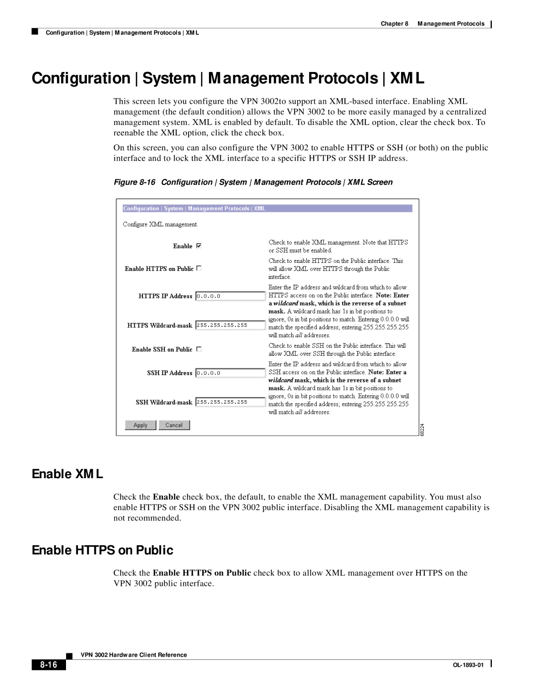 Cisco Systems VPN 3002 manual Configuration System Management Protocols XML, Enable XML 