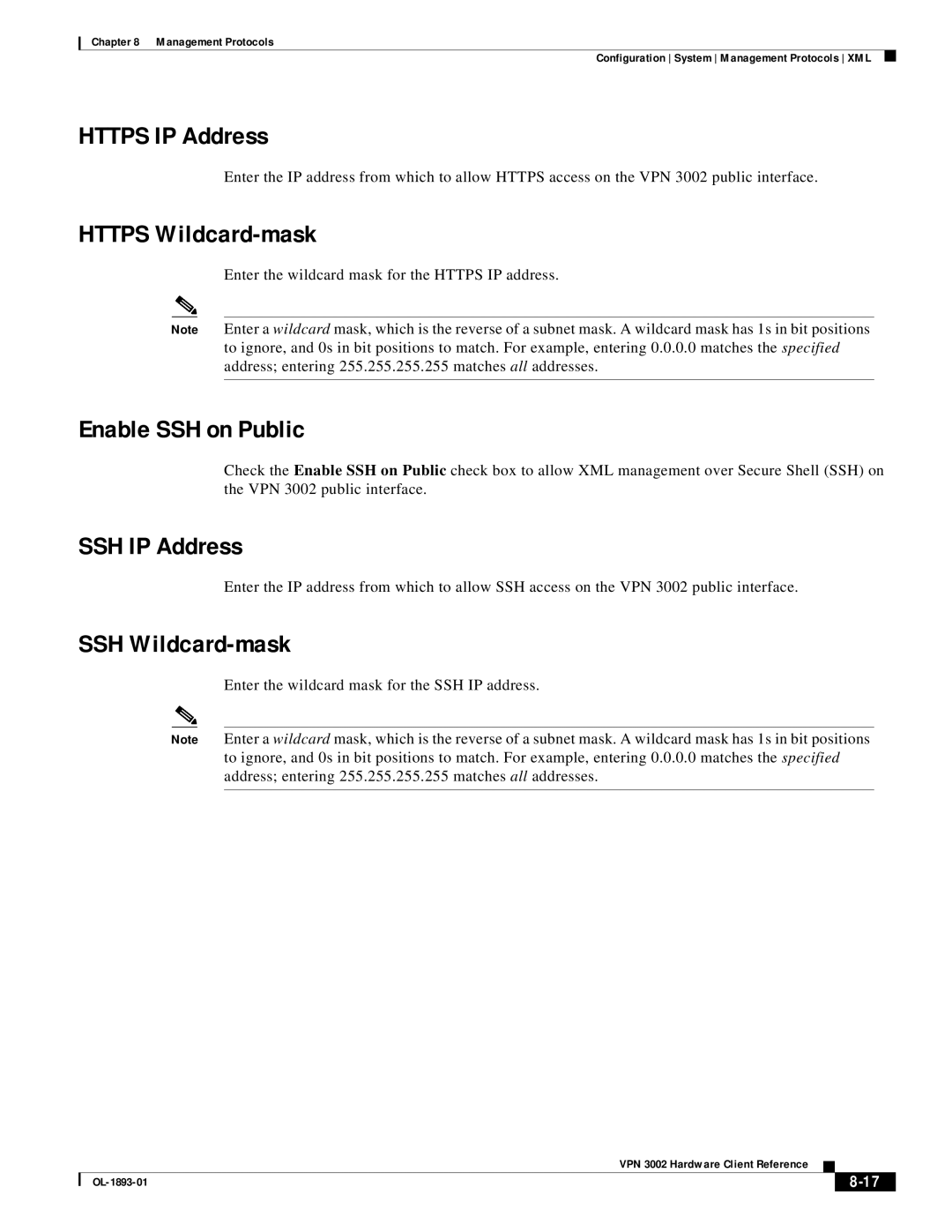 Cisco Systems VPN 3002 manual Https IP Address, Https Wildcard-mask, SSH IP Address, SSH Wildcard-mask 