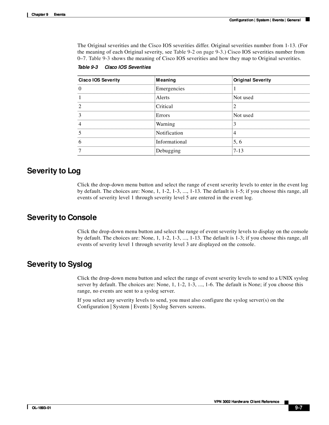 Cisco Systems VPN 3002 manual Severity to Log, Severity to Console, Severity to Syslog, Cisco IOS Severity, Meaning 