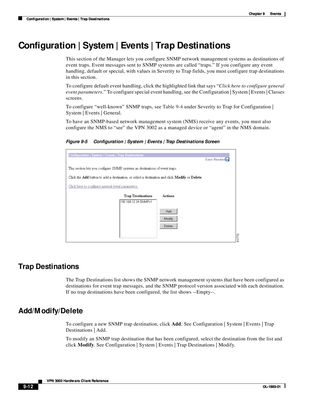 Cisco Systems manual Trap Destinations, 9-12, Add/Modify/Delete, Chapter, VPN 3002 Hardware Client Reference 