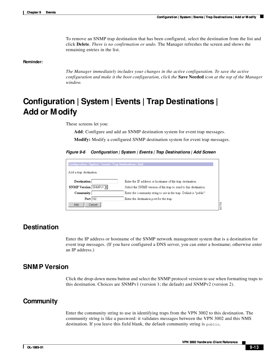 Cisco Systems VPN 3002 manual SNMP Version, Community, 9-13, Destination, Reminder 