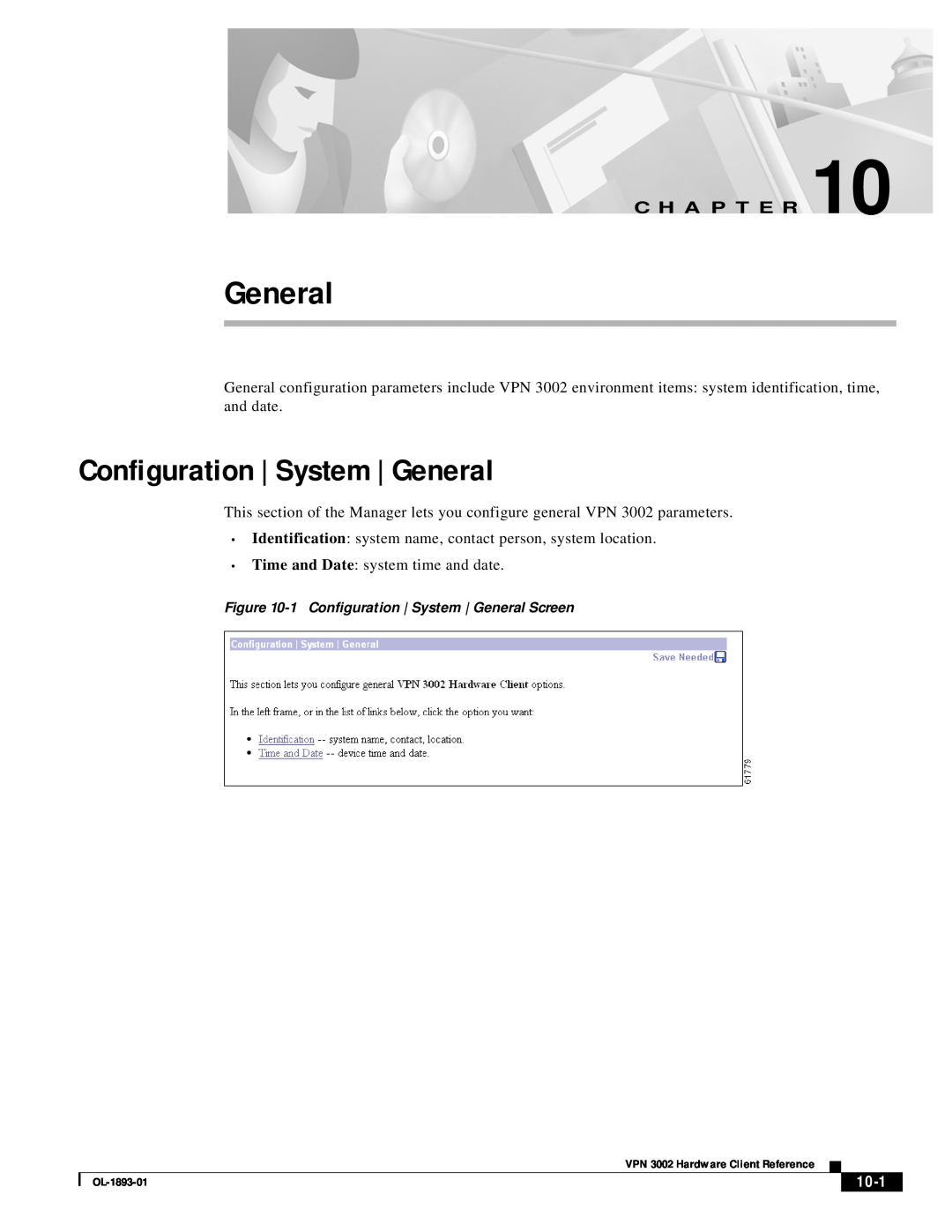 Cisco Systems VPN 3002 manual Configuration | System | General, 10-1, C H A P T E R 