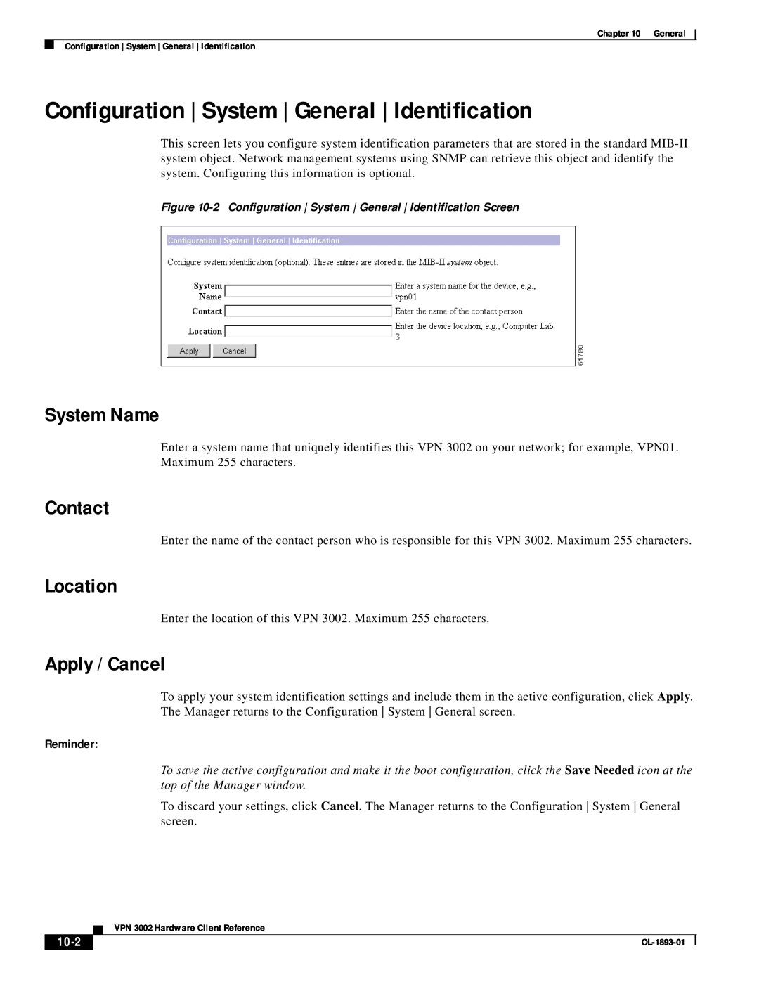Cisco Systems VPN 3002 Configuration | System | General | Identification, System Name, Contact, Location, 10-2, Reminder 