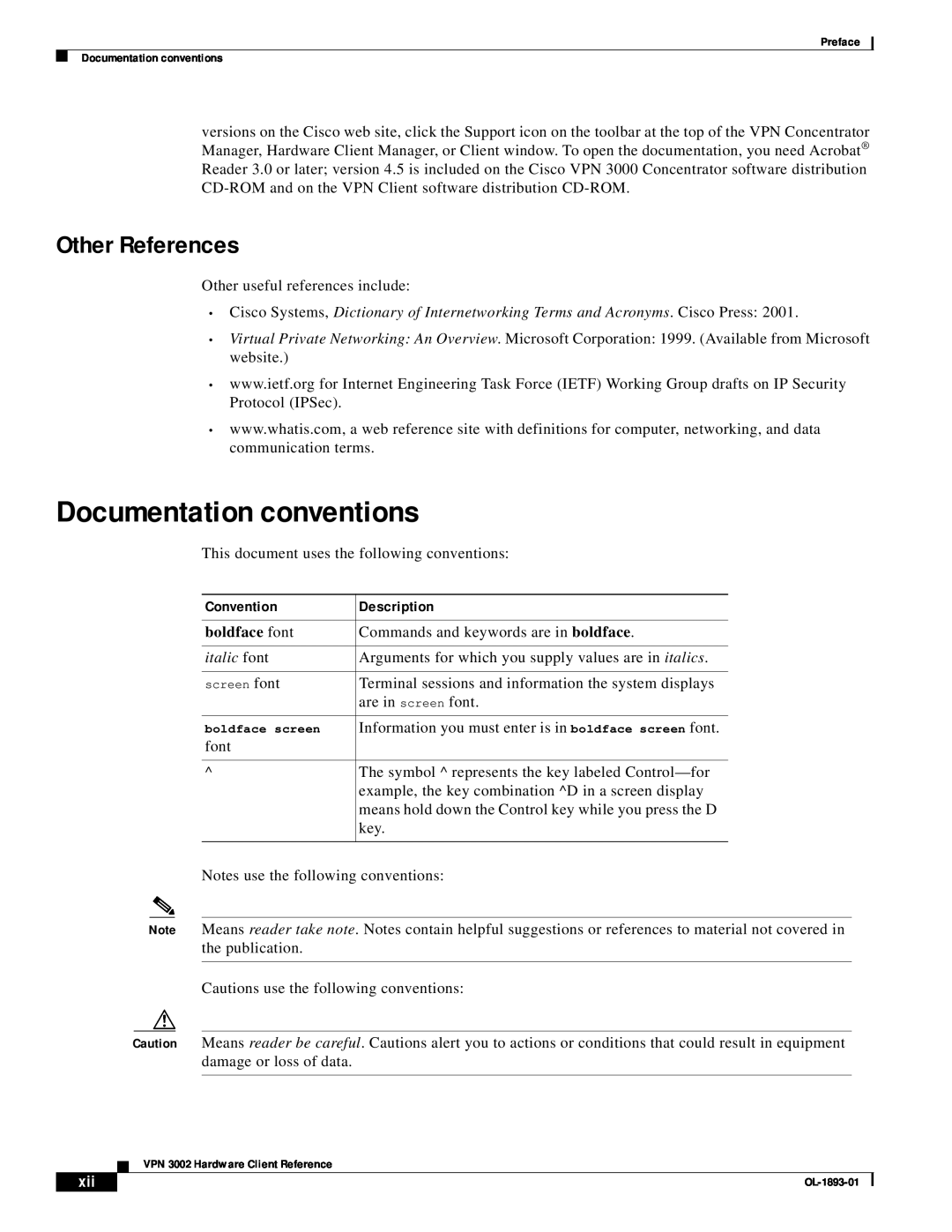 Cisco Systems VPN 3002 Documentation conventions, Other References, Convention, boldface font, italic font, Description 