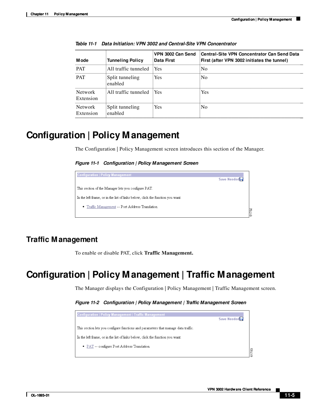 Cisco Systems VPN 3002 Configuration | Policy Management, Traffic Management, Mode, Tunneling Policy, Data First, 11-5 