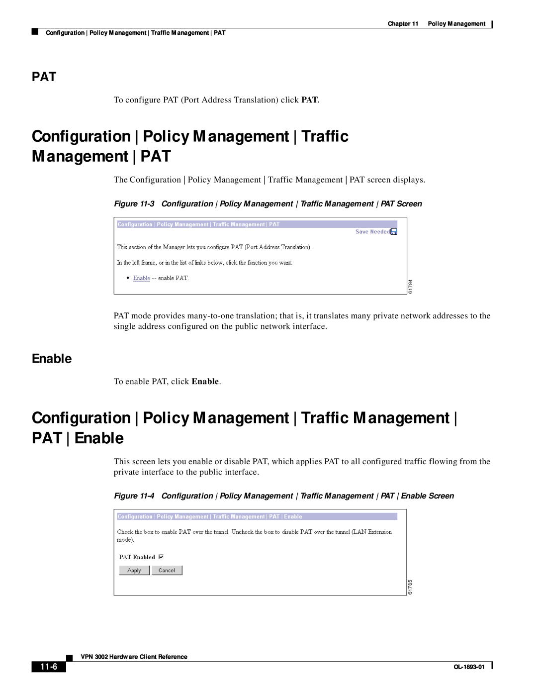 Cisco Systems VPN 3002 manual Configuration Policy Management Traffic, Management | PAT, 11-6, Enable 