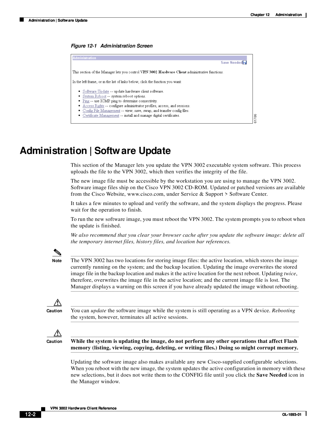Cisco Systems VPN 3002 manual Administration | Software Update, 12-2, 1Administration Screen 