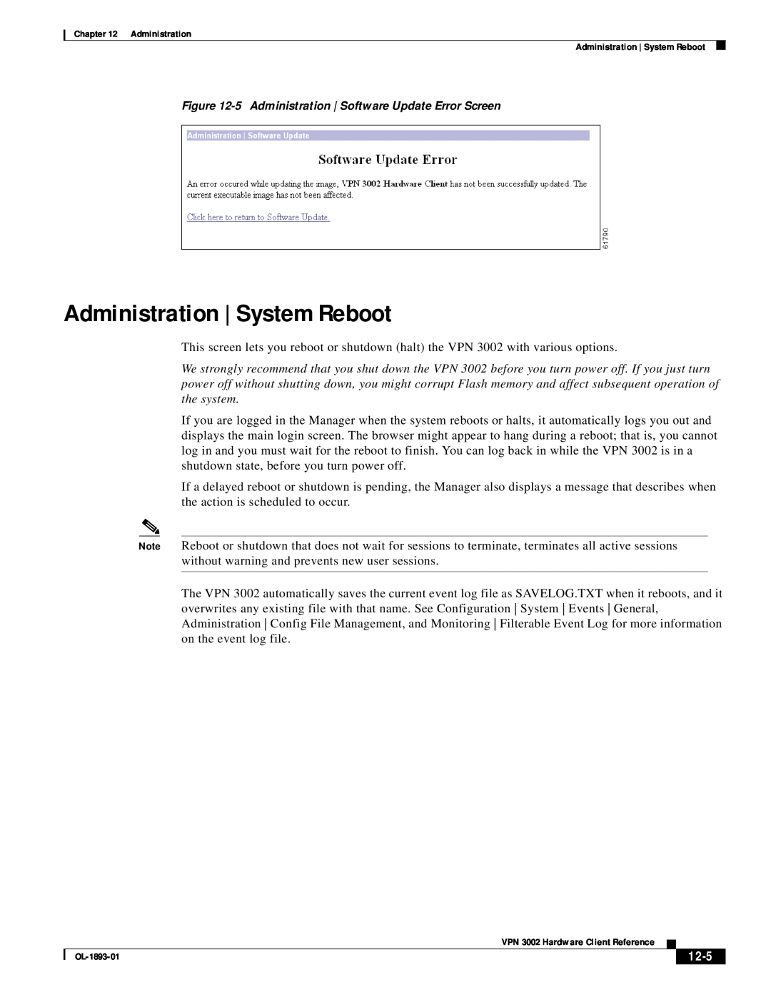 Cisco Systems manual Administration | System Reboot, 12-5, VPN 3002 Hardware Client Reference, OL-1893-01 