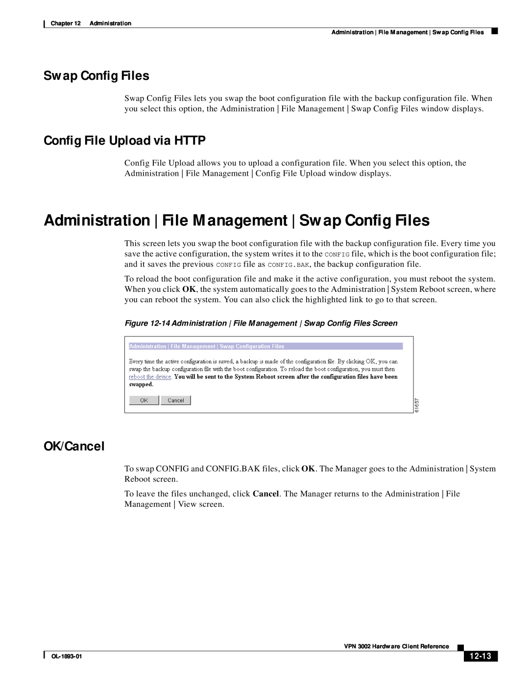 Cisco Systems VPN 3002 manual Swap Config Files, Config File Upload via HTTP, OK/Cancel, 12-13 