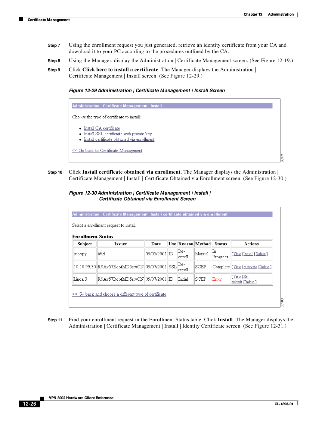 Cisco Systems VPN 3002 manual 12-26, Certificate Obtained via Enrollment Screen 