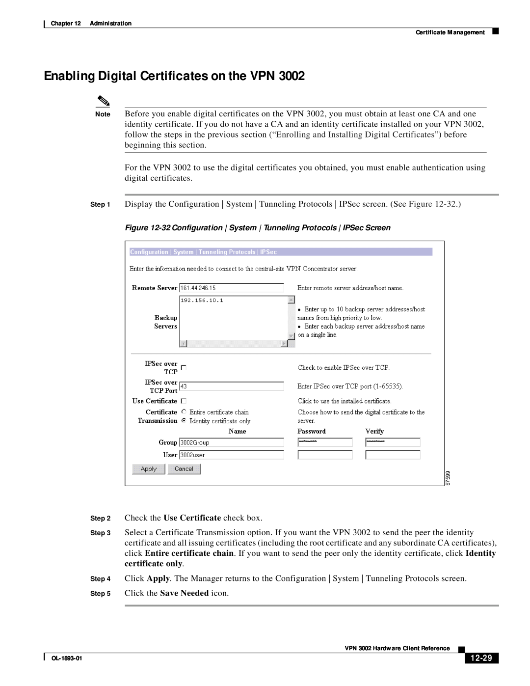 Cisco Systems VPN 3002 manual Enabling Digital Certificates on the VPN, 12-29 