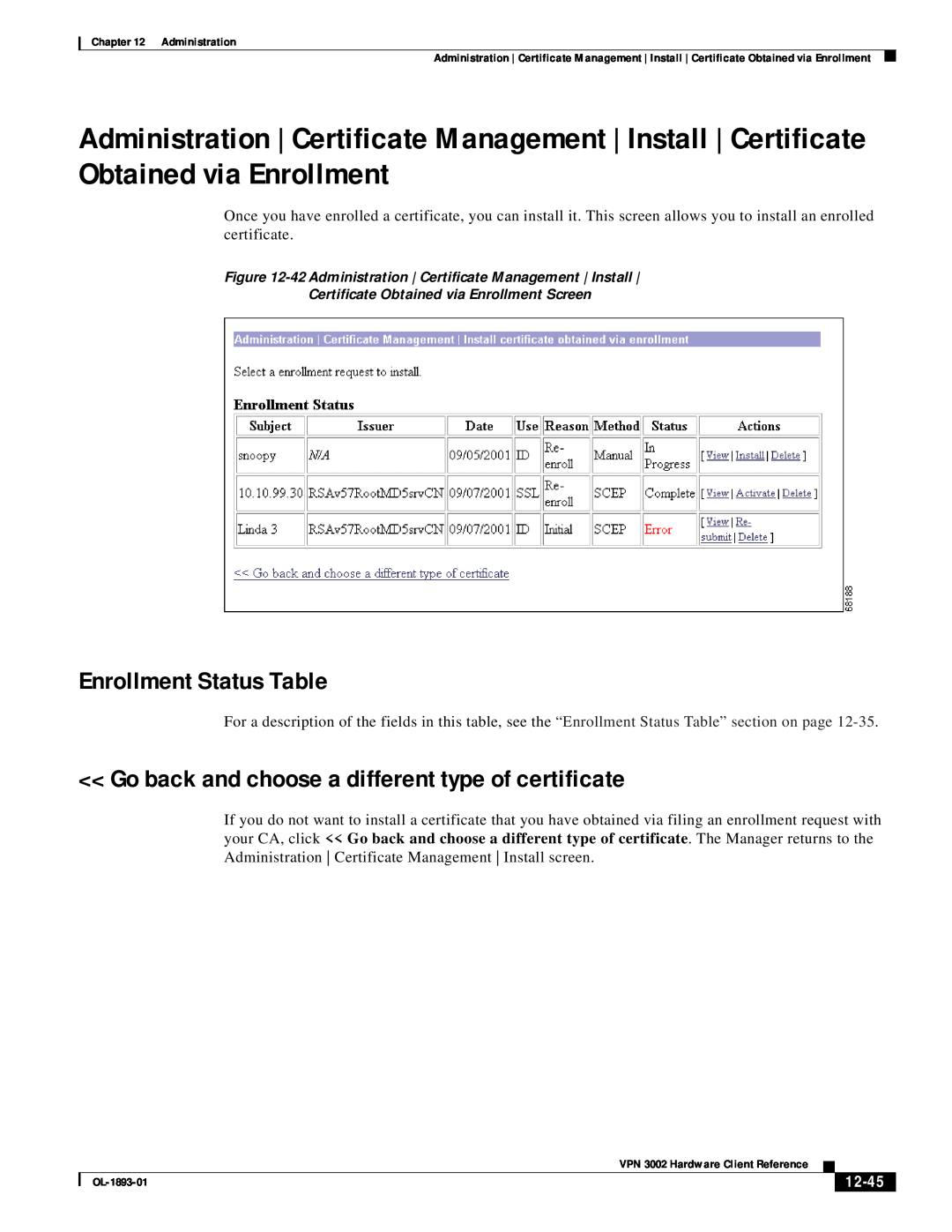 Cisco Systems VPN 3002 manual 12-45, Enrollment Status Table, Certificate Obtained via Enrollment Screen 