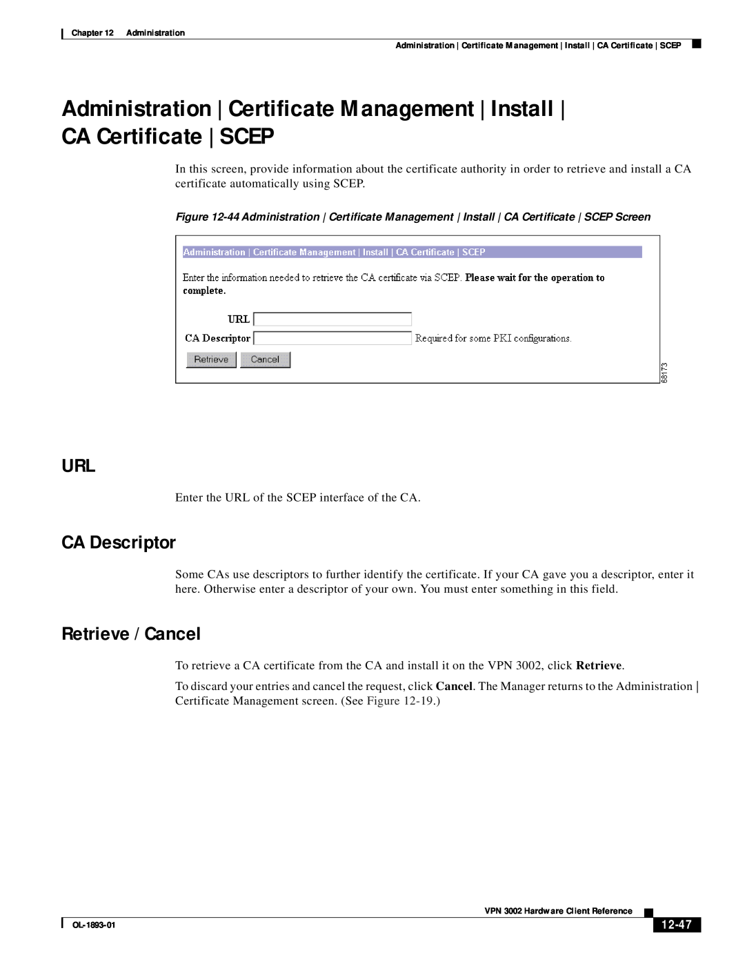 Cisco Systems VPN 3002 manual CA Descriptor, Retrieve / Cancel, 12-47 