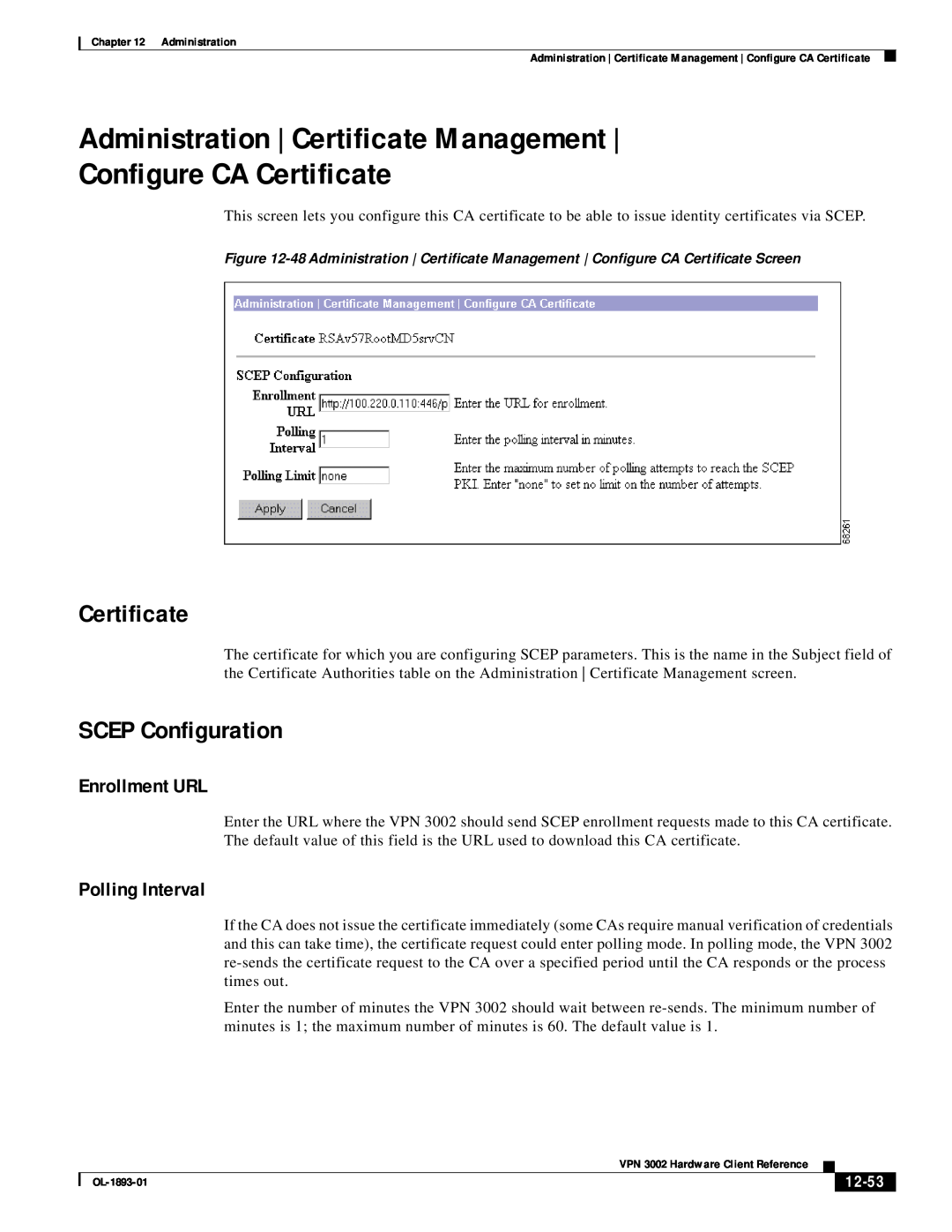 Cisco Systems VPN 3002 manual Administration | Certificate Management, Configure CA Certificate, SCEP Configuration, 12-53 