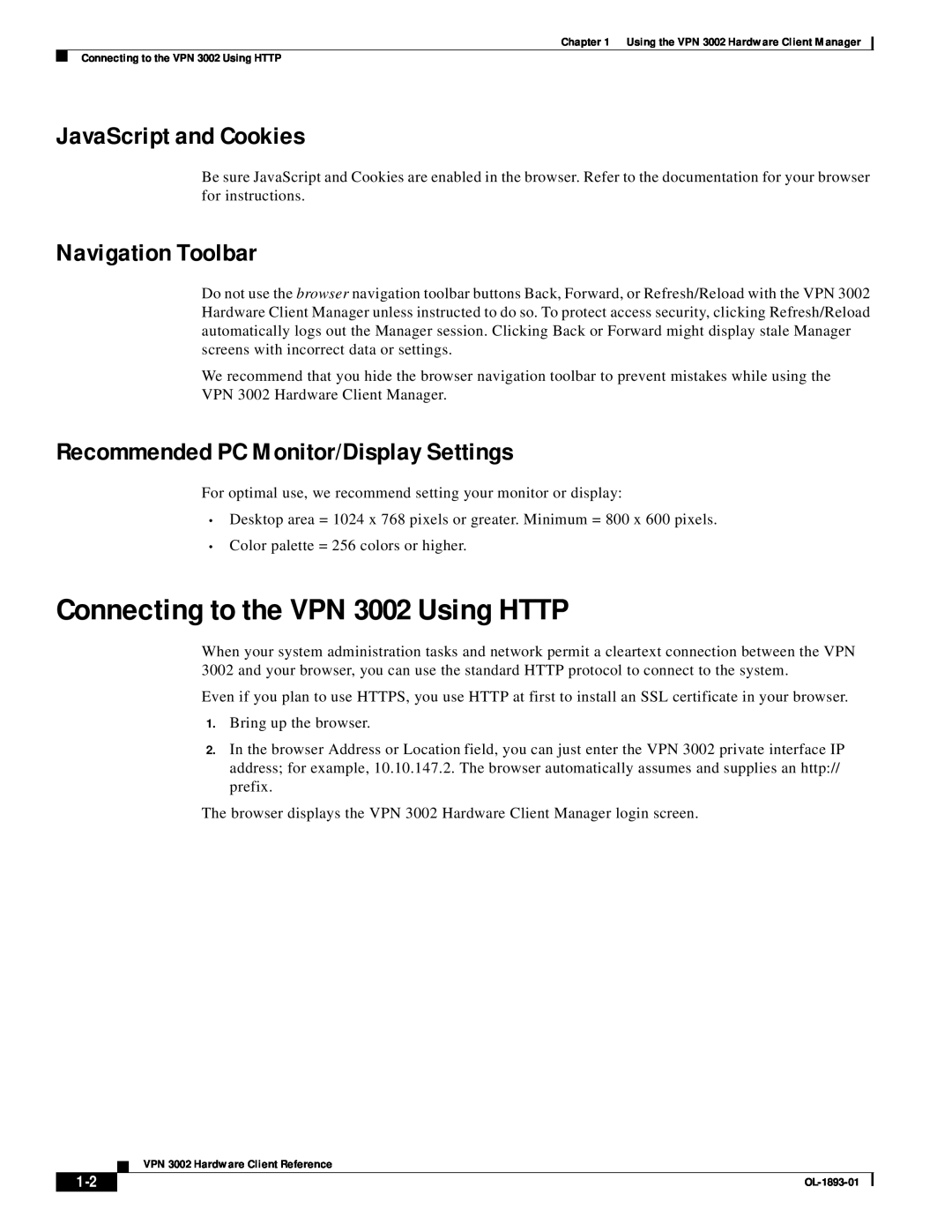 Cisco Systems manual Connecting to the VPN 3002 Using HTTP, JavaScript and Cookies, Navigation Toolbar 