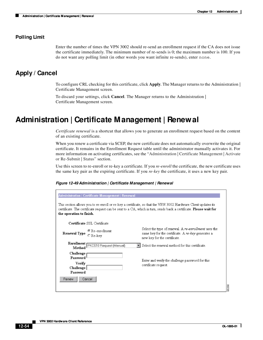 Cisco Systems VPN 3002 manual Administration | Certificate Management | Renewal, Polling Limit, 12-54, Apply / Cancel 