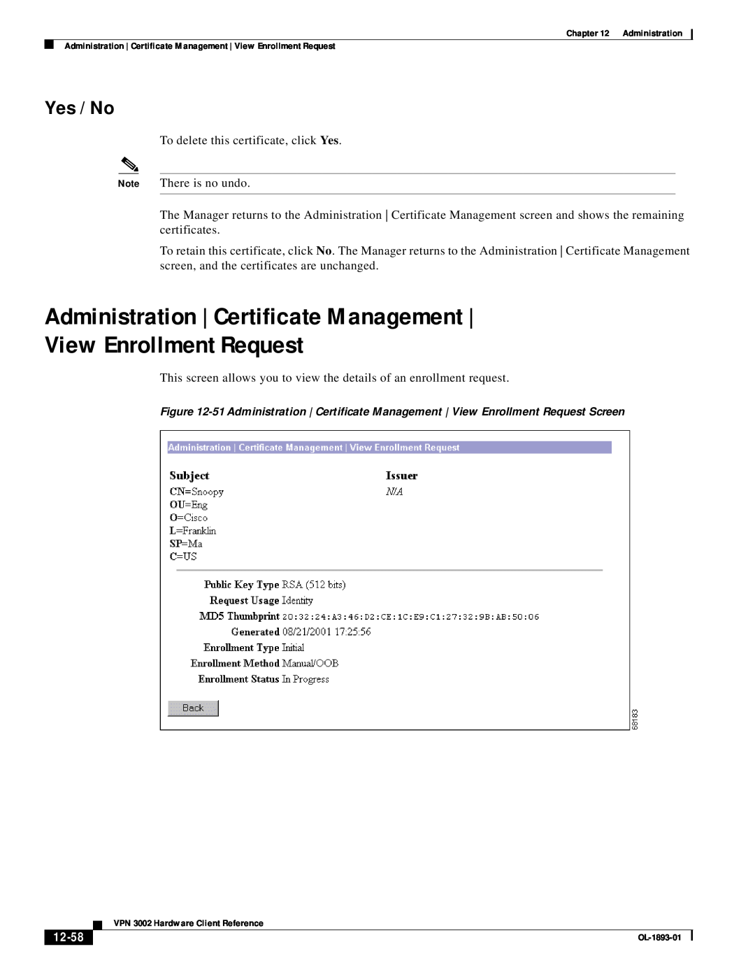 Cisco Systems VPN 3002 manual View Enrollment Request, Yes / No, 12-58, Administration | Certificate Management 