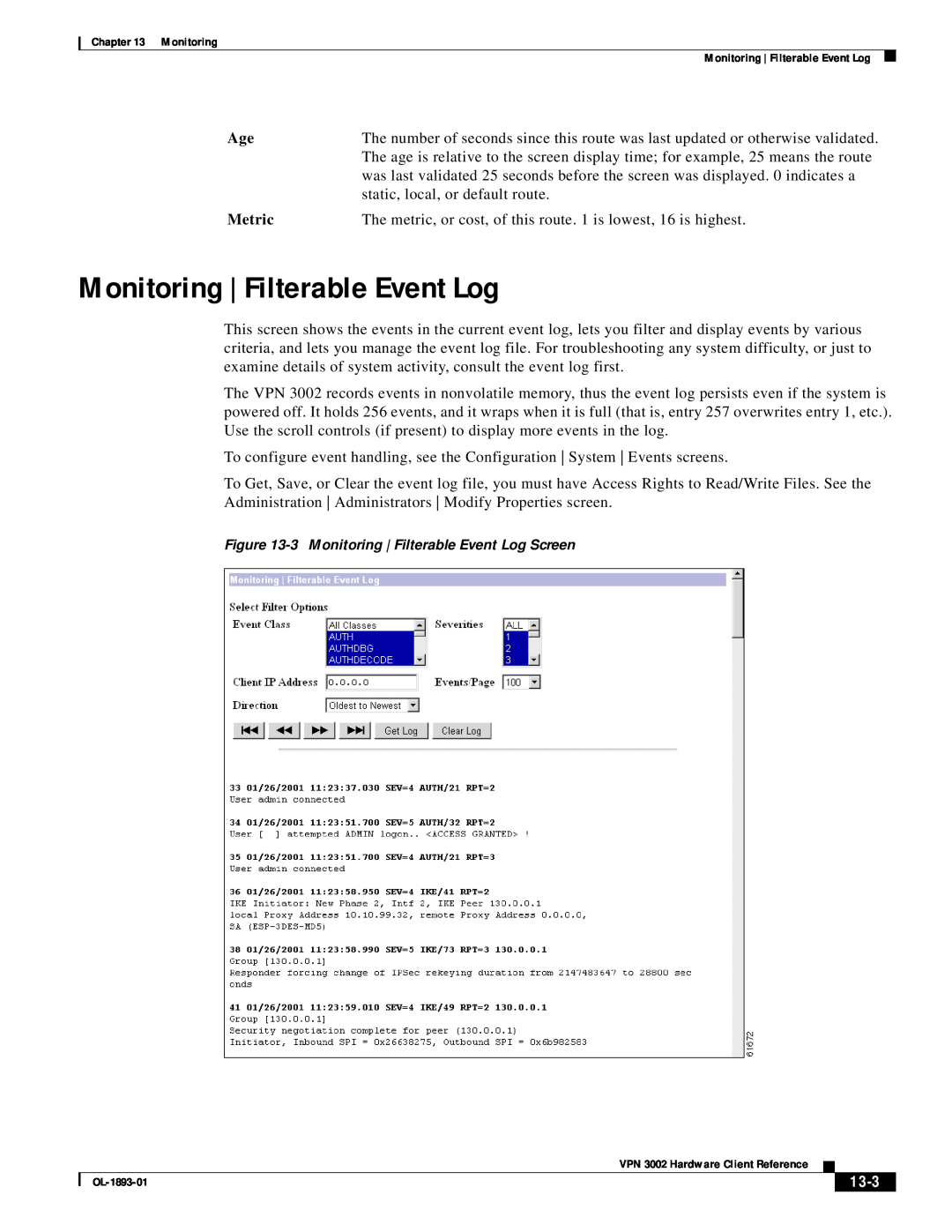 Cisco Systems VPN 3002 manual Monitoring | Filterable Event Log, Metric, 13-3 