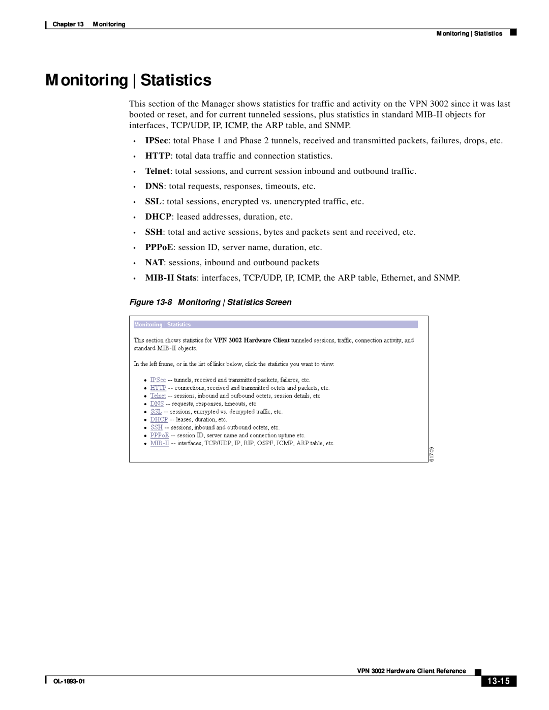Cisco Systems VPN 3002 manual Monitoring | Statistics, 13-15 
