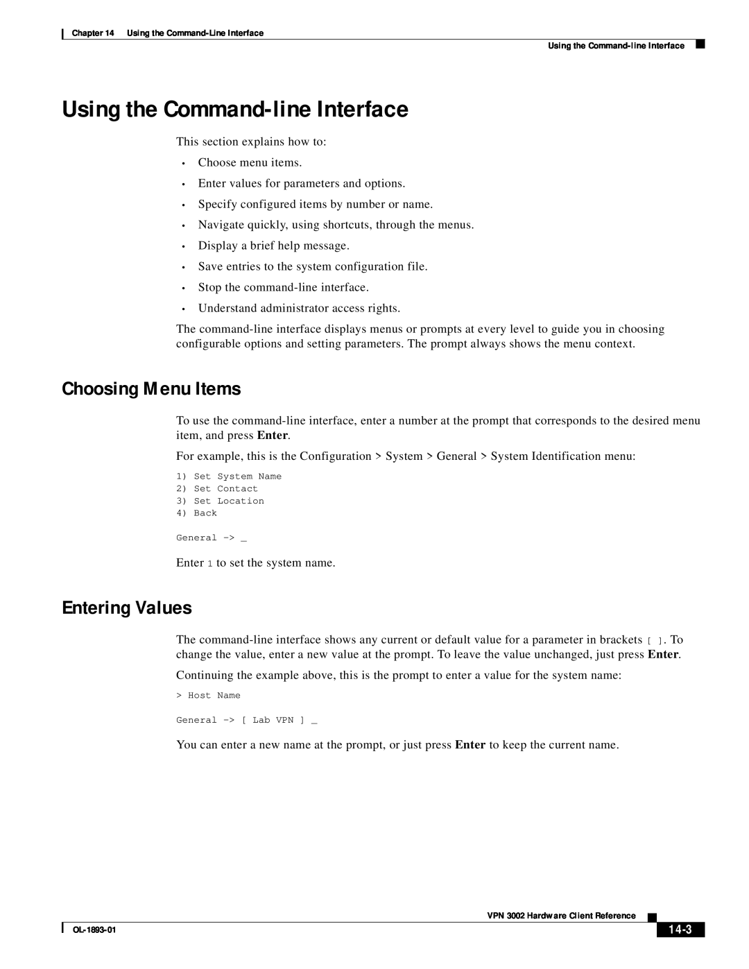 Cisco Systems VPN 3002 manual Using the Command-lineInterface, Choosing Menu Items, Entering Values, 14-3 