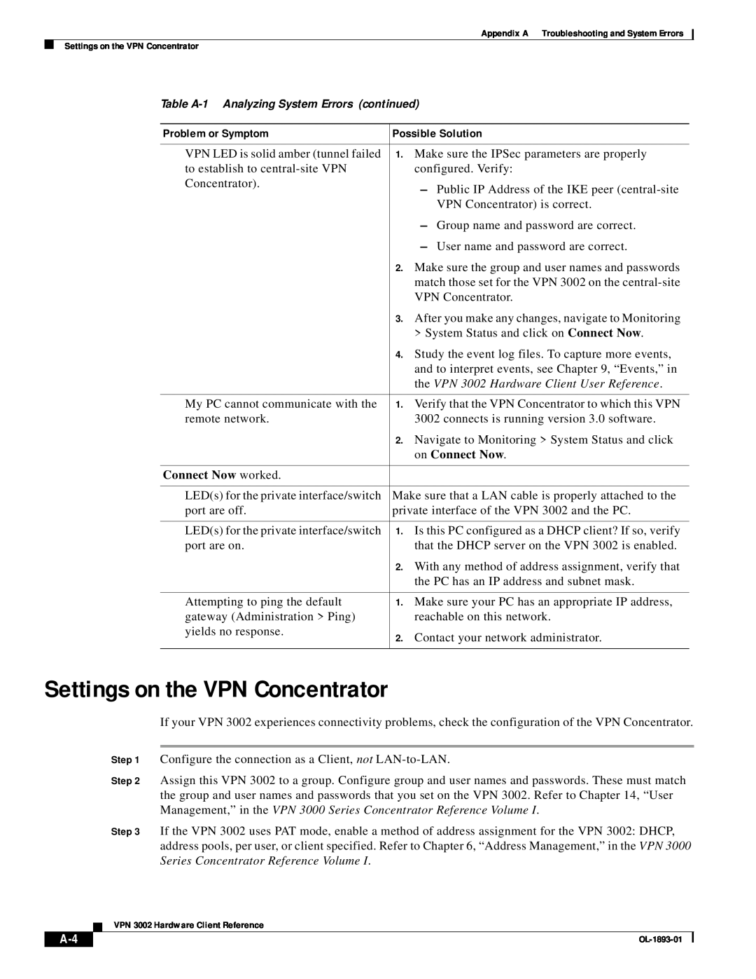 Cisco Systems manual Settings on the VPN Concentrator, the VPN 3002 Hardware Client User Reference, on Connect Now 