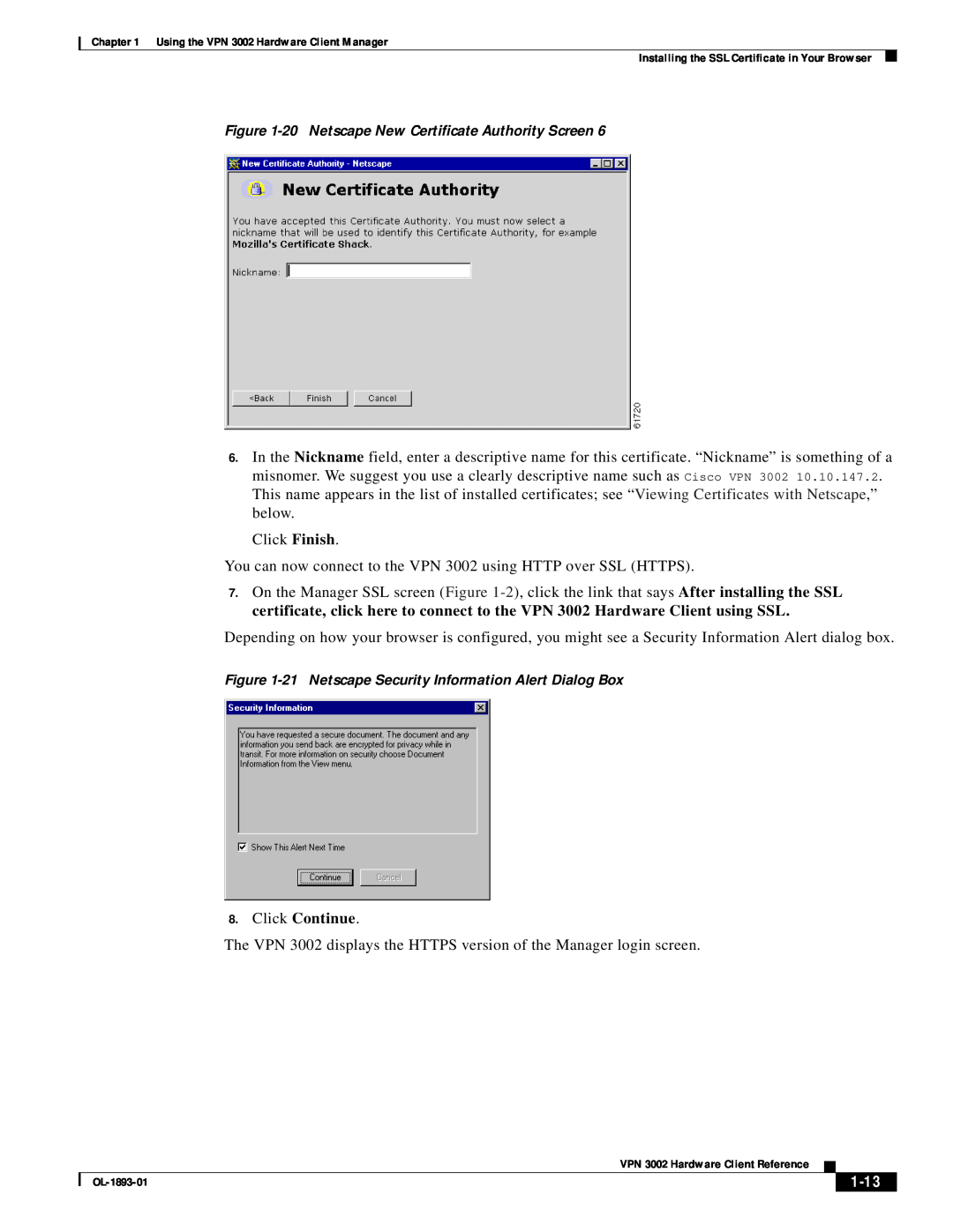 Cisco Systems VPN 3002 manual Click Continue, 1-13 