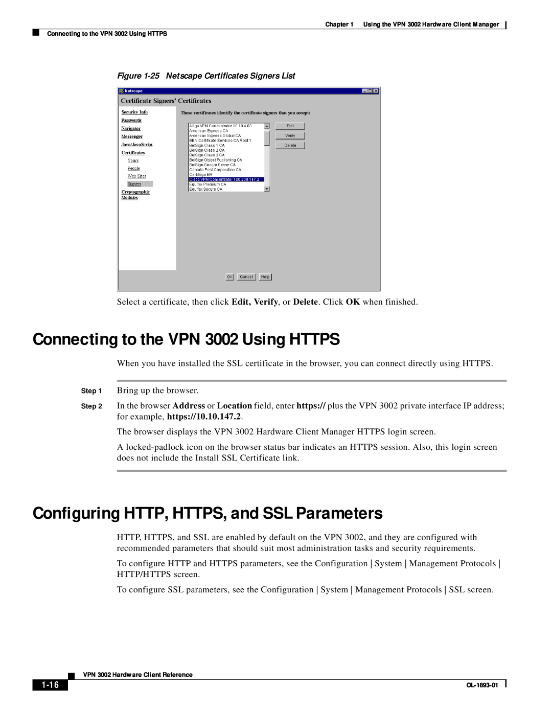 Cisco Systems manual Connecting to the VPN 3002 Using HTTPS, Configuring HTTP, HTTPS, and SSL Parameters, 1-16 