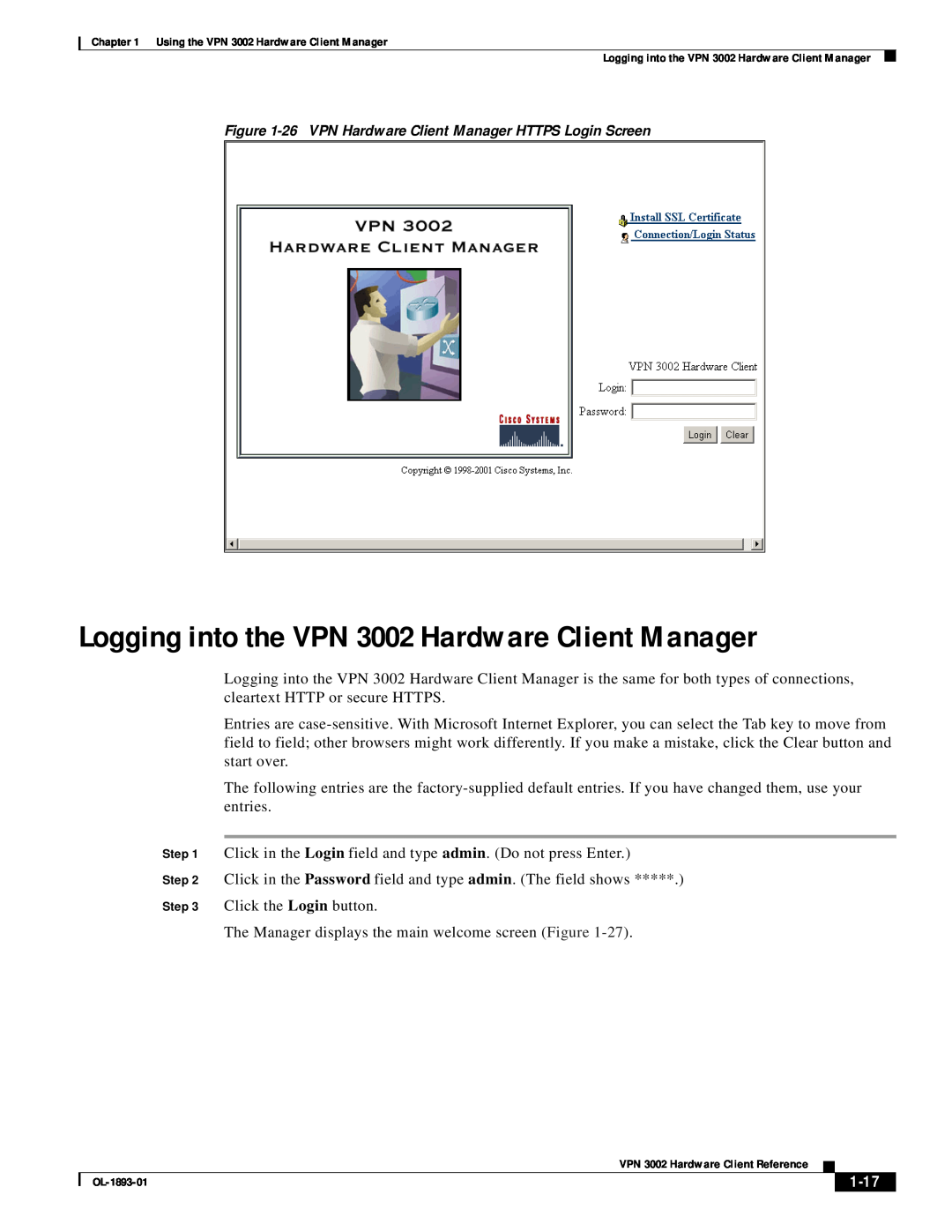 Cisco Systems manual Logging into the VPN 3002 Hardware Client Manager, 1-17 