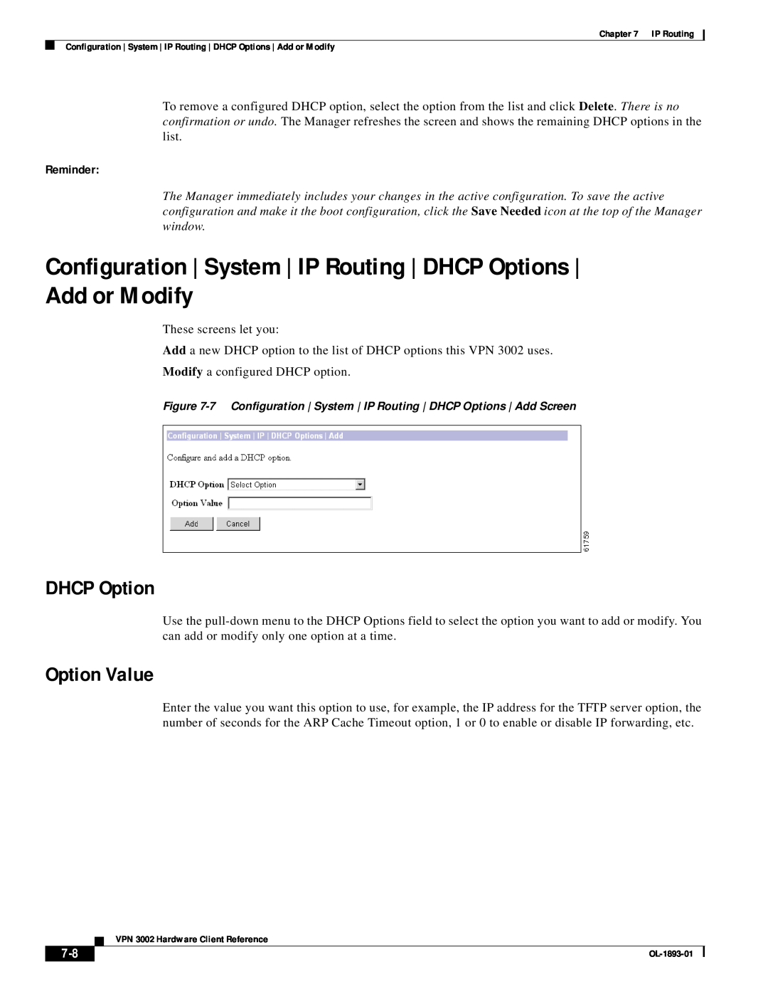 Cisco Systems VPN 3002 manual Option Value, DHCP Option, Reminder 