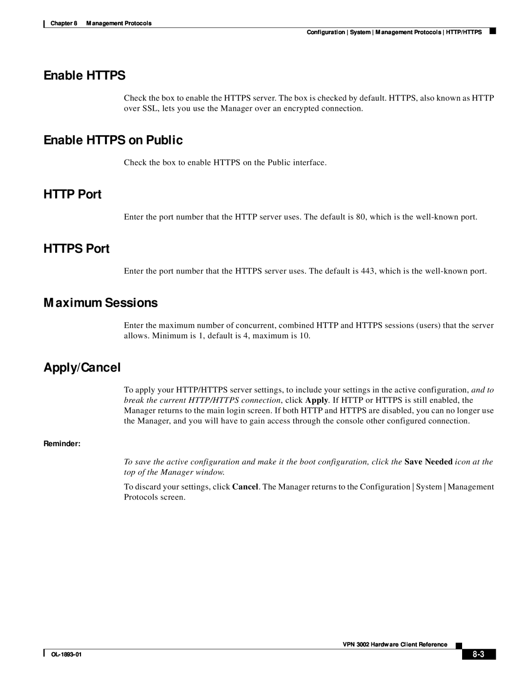 Cisco Systems VPN 3002 manual Enable HTTPS on Public, HTTP Port, HTTPS Port, Maximum Sessions, Apply/Cancel, Reminder 