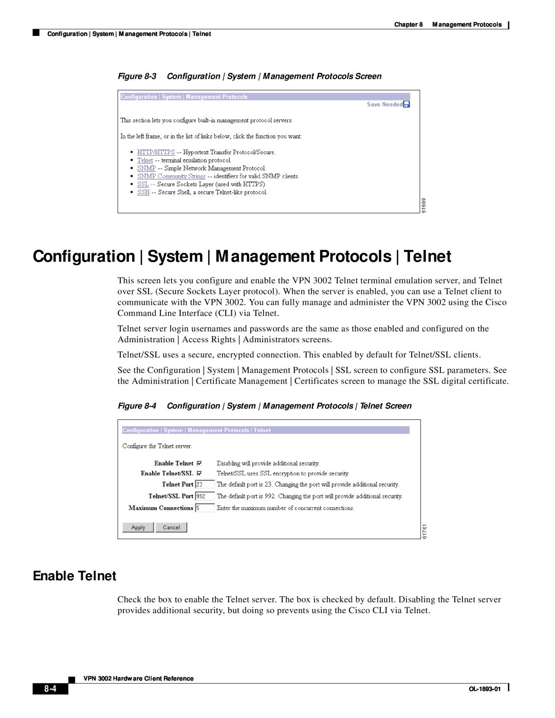 Cisco Systems manual Enable Telnet, Management Protocols, VPN 3002 Hardware Client Reference 