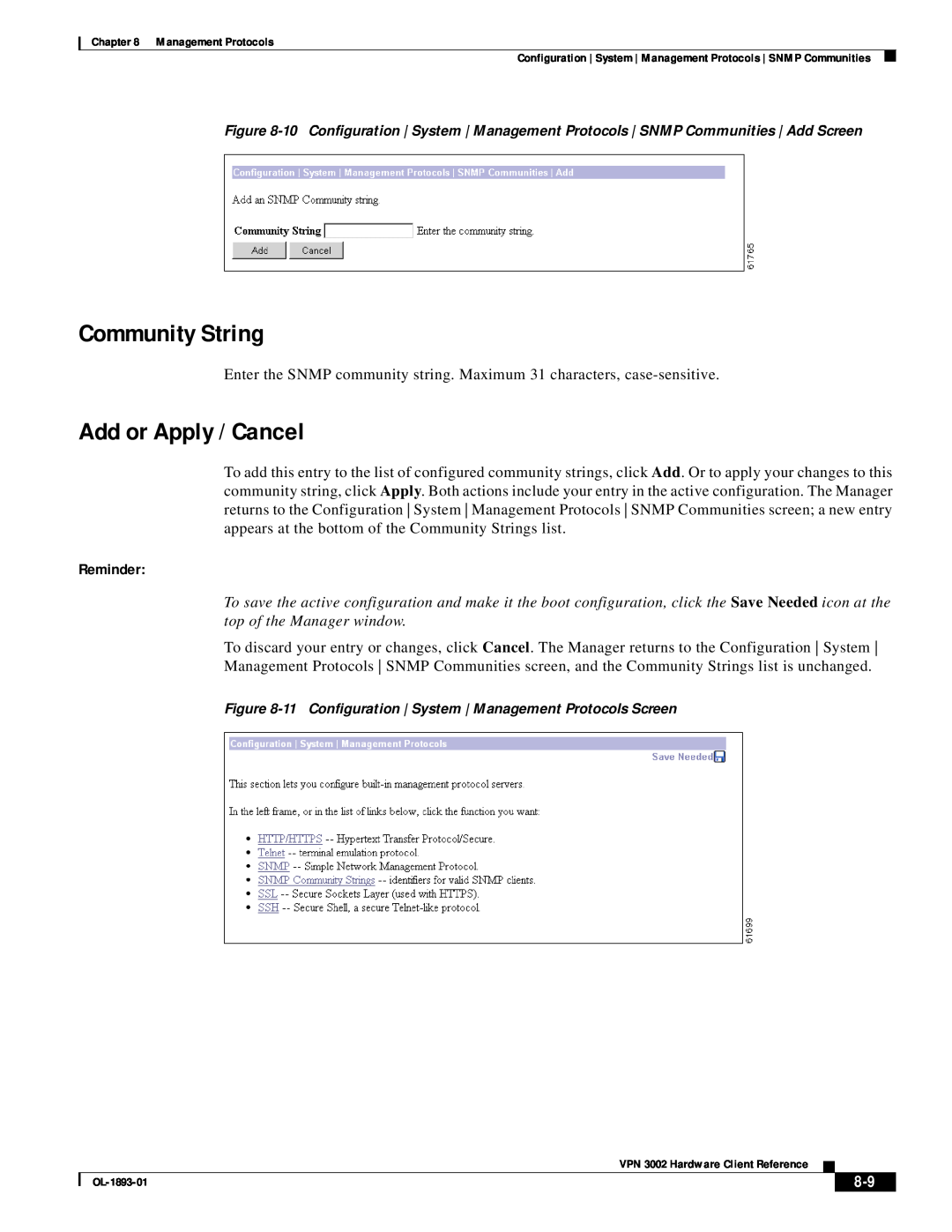 Cisco Systems VPN 3002 manual Community String, Add or Apply / Cancel, Reminder 