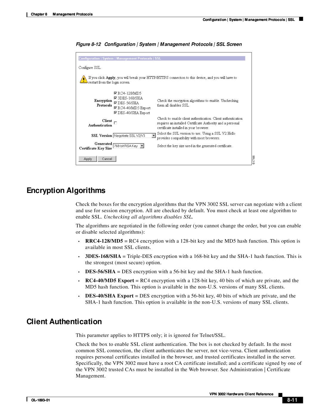 Cisco Systems VPN 3002 manual Encryption Algorithms, Client Authentication, 8-11 