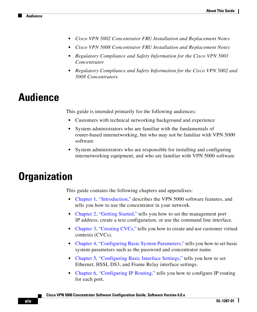 Cisco Systems VPN 5000 manual Audience, Organization, Xiv 