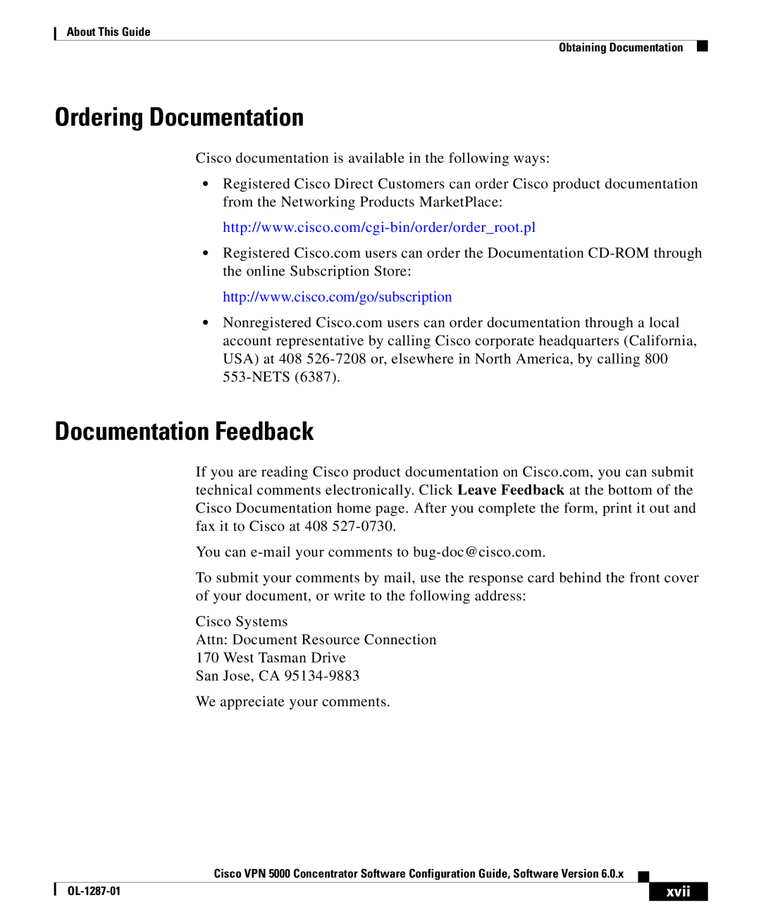 Cisco Systems VPN 5000 manual Ordering Documentation, Documentation Feedback, Xvii 