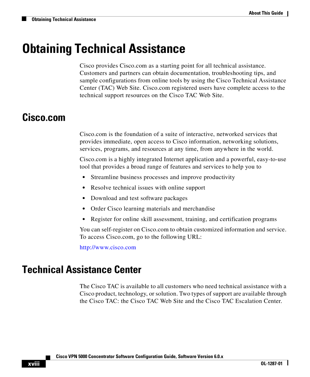 Cisco Systems VPN 5000 manual Obtaining Technical Assistance, Cisco.com, Technical Assistance Center, Xviii 