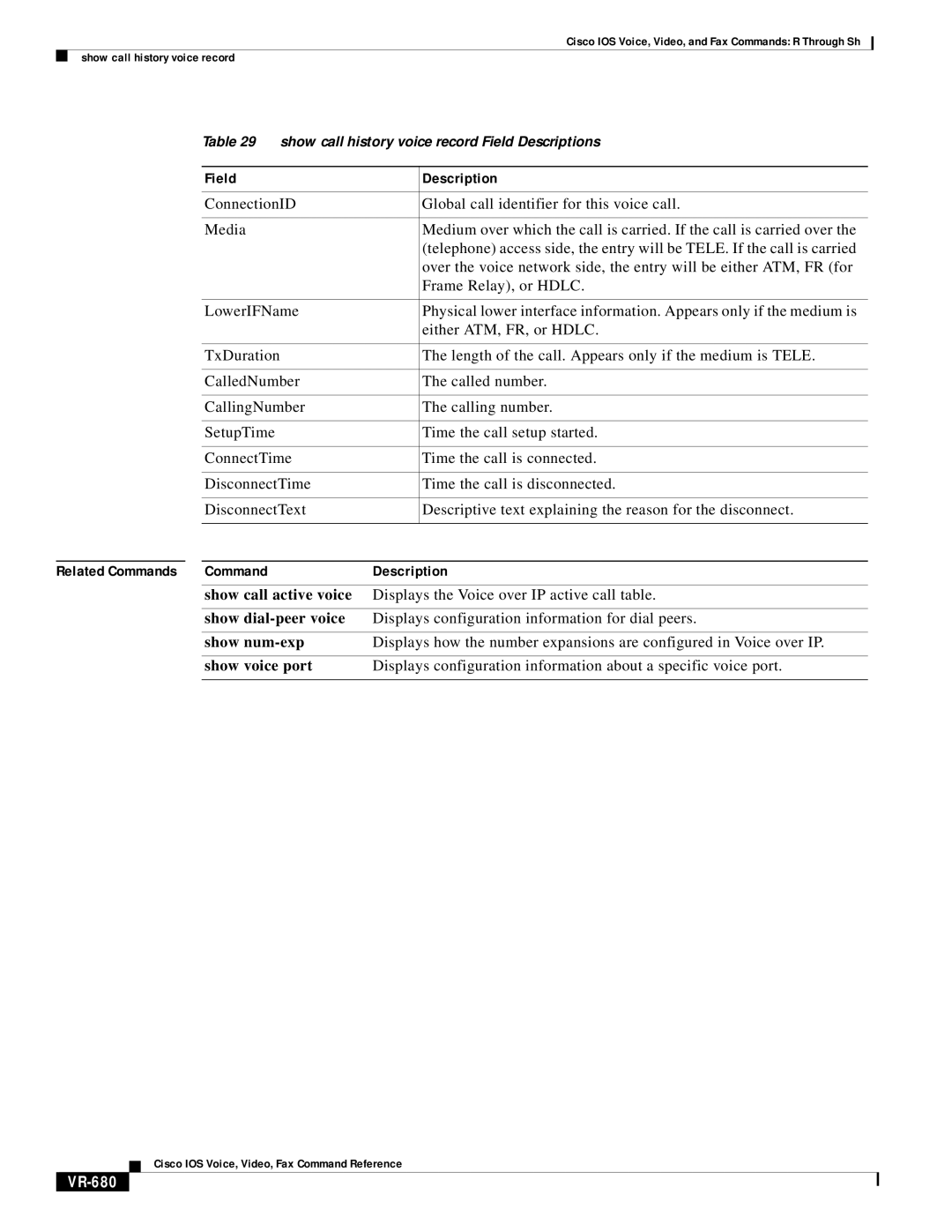 Cisco Systems VR-561 manual Show call active voice, Displays the Voice over IP active call table, VR-680 