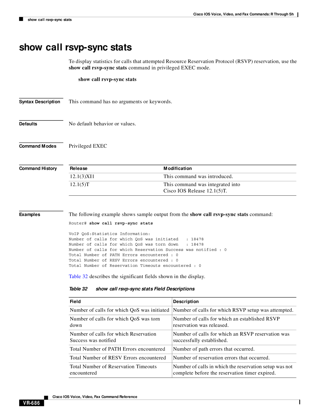 Cisco Systems VR-561 manual Show call rsvp-sync stats, VR-686, Router# show call rsvp-sync stats 