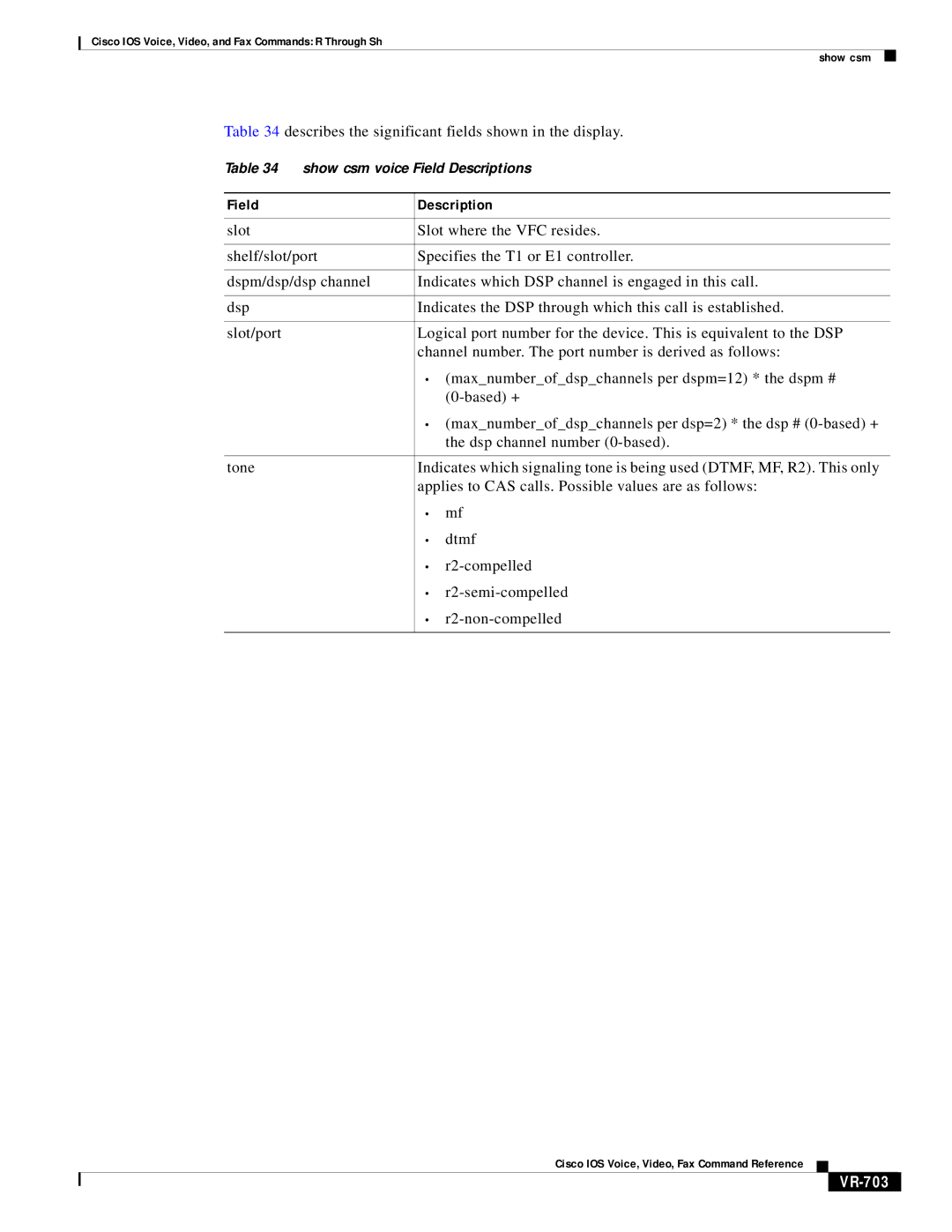 Cisco Systems VR-561 manual Describes the significant fields shown in the display, VR-703 