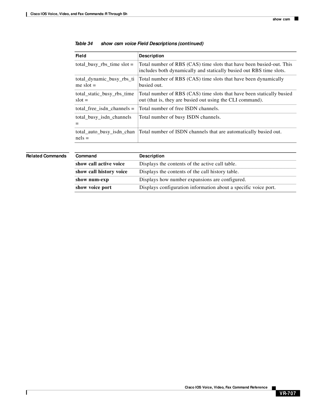 Cisco Systems VR-561 manual Displays the contents of the active call table, Show call history voice, VR-707 