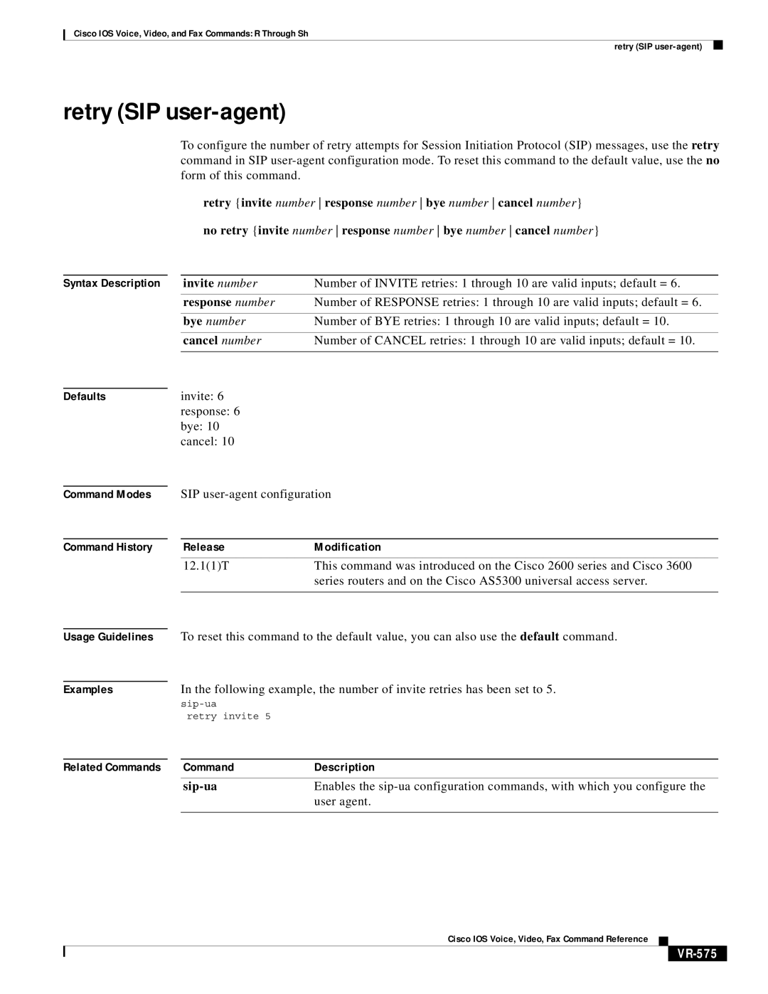 Cisco Systems VR-561 manual Retry SIP user-agent, SIP user-agent configuration, Sip-ua, User agent, VR-575 