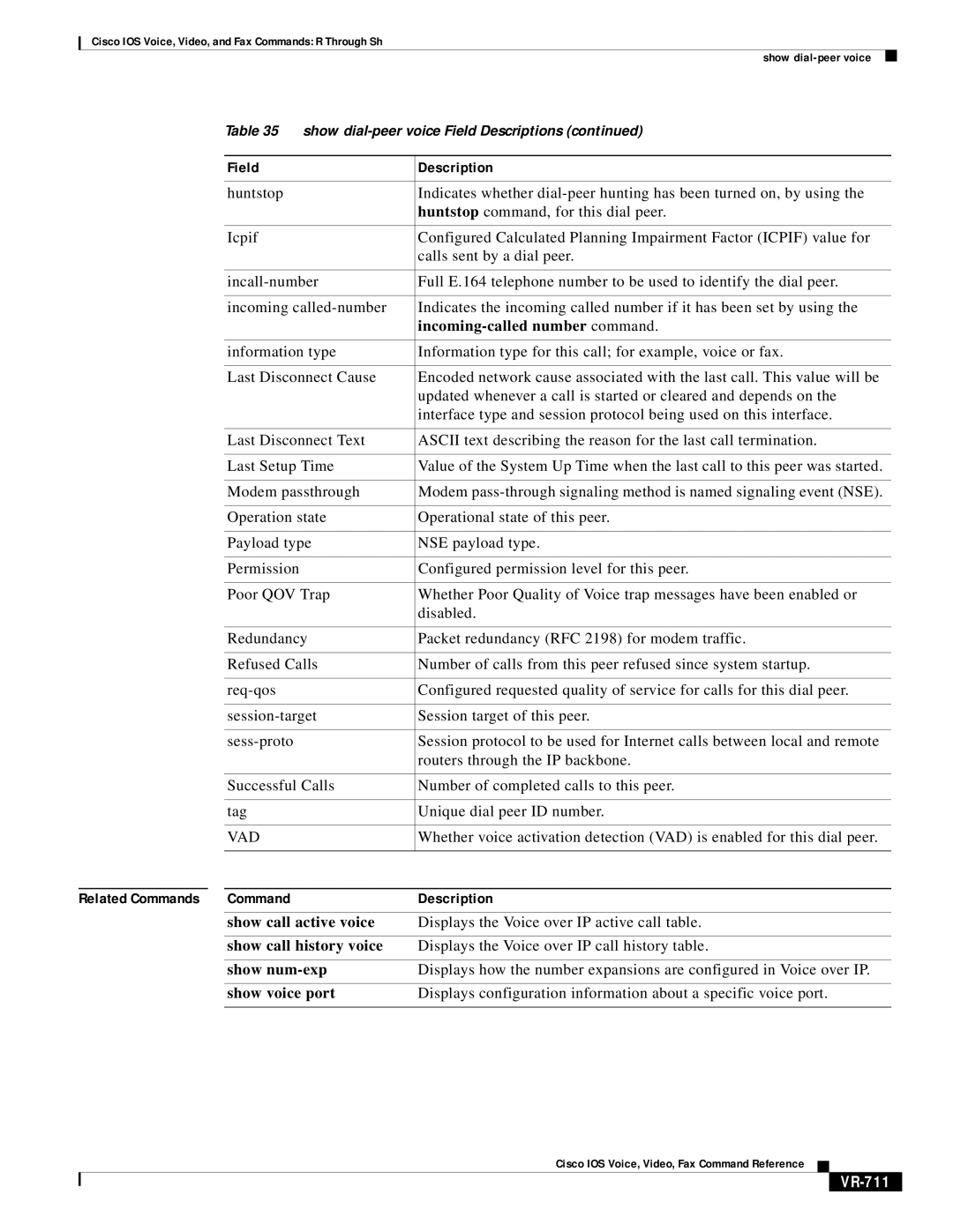 Cisco Systems VR-561 manual Incoming-called number command, Displays the Voice over IP call history table, VR-711 