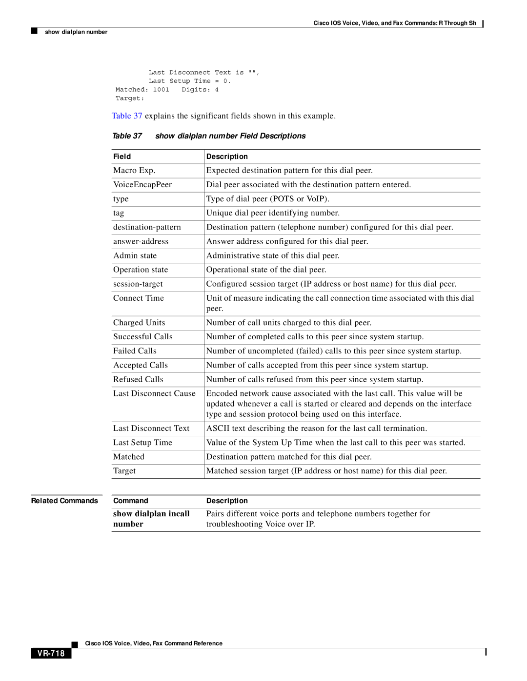 Cisco Systems VR-561 manual Explains the significant fields shown in this example, Show dialplan incall, Number, VR-718 