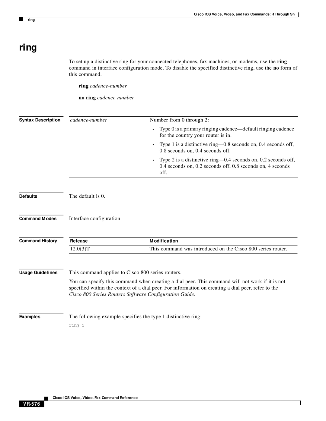 Cisco Systems VR-561 Ring, Default is Interface configuration, Following example specifies the type 1 distinctive ring 