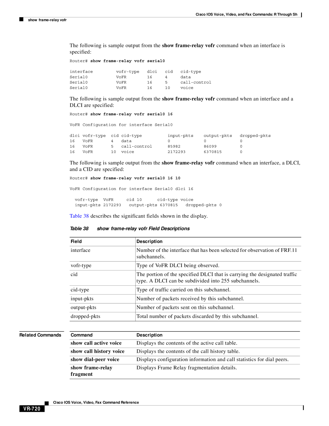 Cisco Systems VR-561 manual Show frame-relay, Displays Frame Relay fragmentation details, Fragment, VR-720 