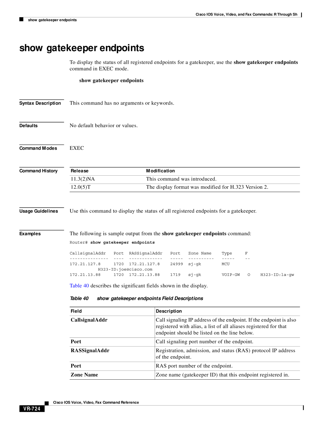 Cisco Systems VR-561 manual Show gatekeeper endpoints, VR-724 