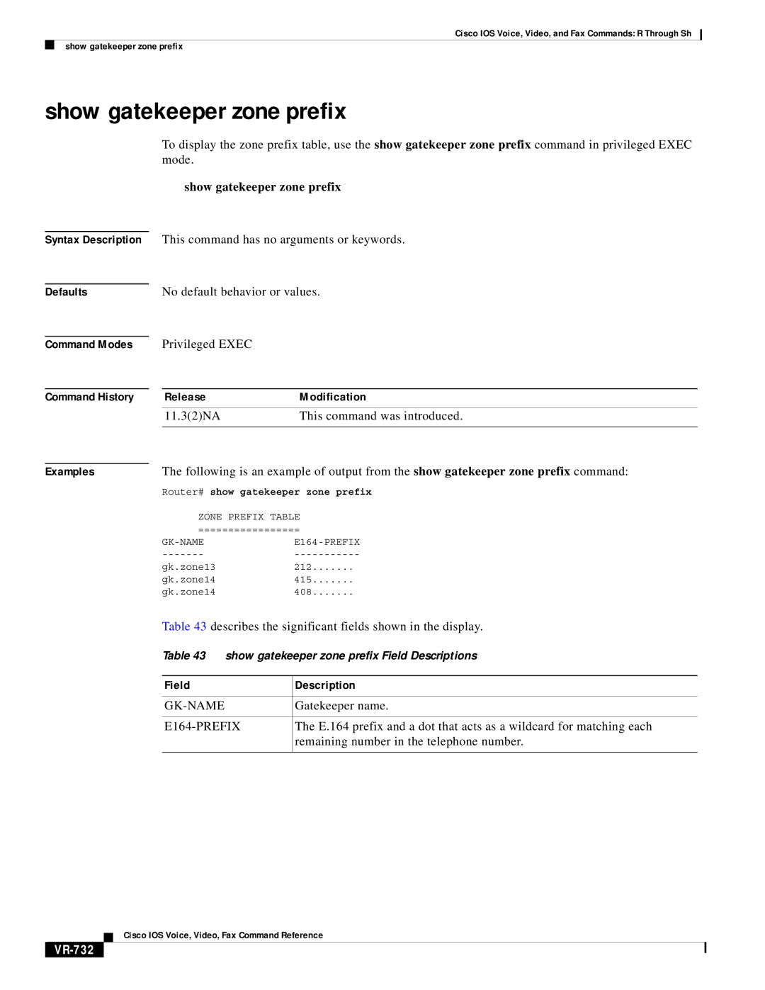 Cisco Systems VR-561 manual Show gatekeeper zone prefix, VR-732 