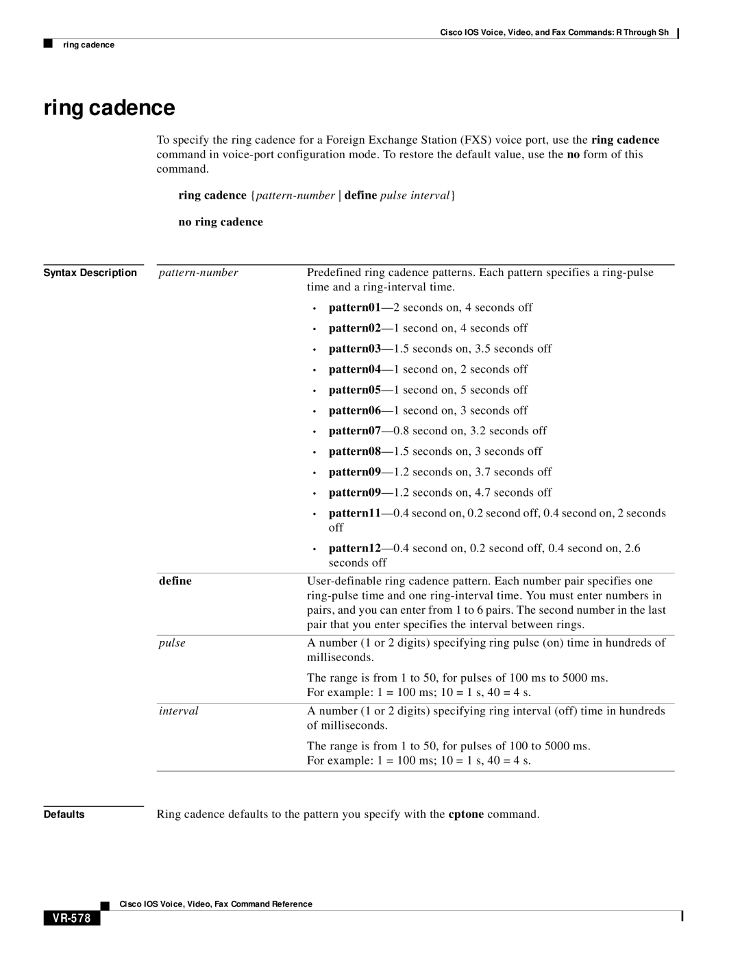 Cisco Systems VR-561 manual Ring cadence, VR-578 