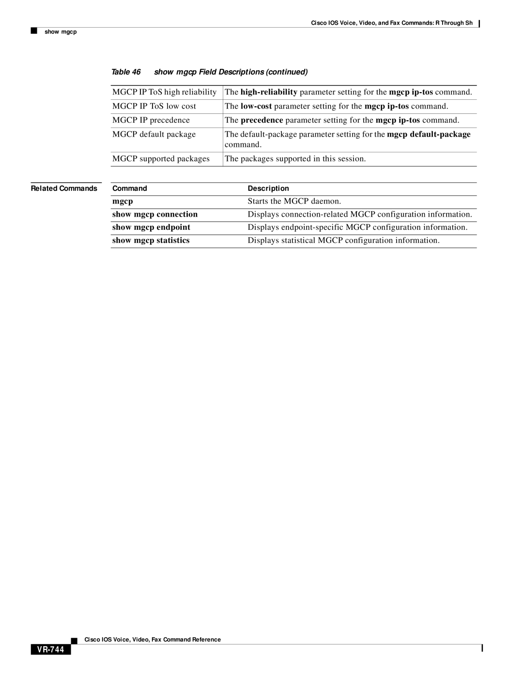 Cisco Systems VR-561 manual Mgcp, Show mgcp connection, Show mgcp endpoint, Show mgcp statistics, VR-744 